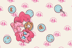 Size: 1800x1200 | Tagged: safe, artist:xiaowangzidemianyang, pinkie pie, earth pony, pony, g4, abstract background, cute, diapinkes, donut, food, plate, solo, tongue out