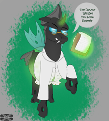 Size: 2245x2480 | Tagged: safe, artist:xenopony456, oc, oc:pendra, changeling, pony, belly, clothes, doctor, egg, green changeling, lab coat, magic, nurse, oviposition, pregnant, raised hoof, solo, telekinesis, translucent belly