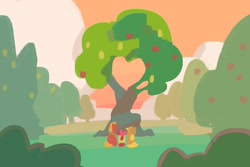 Size: 1800x1200 | Tagged: safe, artist:xiaowangzidemianyang, apple bloom, applejack, big macintosh, earth pony, pony, g4, apple, apple tree, detailed background, intertwined trees, lineless, outdoors, pear tree, sitting, tree, trio