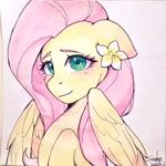 Size: 2421x2421 | Tagged: safe, artist:xiaowu07, fluttershy, pegasus, pony, g4, blushing, bust, cute, female, floppy ears, flower, flower on ear, high res, looking at you, mare, partially open wings, shy, shyabetes, simple background, smiling, smiling at you, solo, three quarter view, traditional art, white background, wings