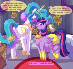 Size: 3000x2840 | Tagged: safe, artist:graphenescloset, artist:sirmasterdufel, princess celestia, twilight sparkle, alicorn, pony, series:twilight h&h blorp program, g4, belly, big belly, blushing, butt, collaboration, cookie, dialogue, donut, duo, fat, featureless crotch, female, food, incentive drive, magic, mare, plot, telekinesis, twilard sparkle, twilight sparkle (alicorn), weight gain, weight gain sequence