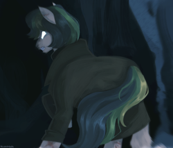 Size: 1622x1384 | Tagged: safe, artist:pigeorgien, oc, oc:springmarine gulfstream, earth pony, pony, angry, cave, clothes, coat, female, glowing, glowing eyes, lineless, mare, solo