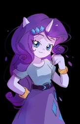 Size: 1200x1845 | Tagged: safe, artist:ya15217084, rarity, human, equestria girls, g4, belt, black background, clothes, female, horn, shirt, simple background, skirt, smiling, solo