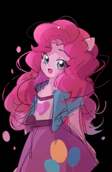 Size: 1200x1845 | Tagged: safe, artist:ya15217084, pinkie pie, human, equestria girls, g4, black background, clothes, female, jacket, open mouth, open smile, shirt, simple background, skirt, smiling, solo, vest