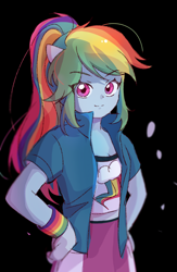 Size: 1200x1845 | Tagged: safe, artist:ya15217084, rainbow dash, human, equestria girls, g4, black background, clothes, female, hand on hip, jacket, shirt, simple background, skirt, smiling, solo, vest