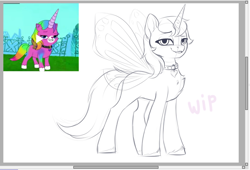 Size: 1360x925 | Tagged: safe, artist:megabait, oc, oc only, pony, unicorn, butterfly wings, felicity (rbuk), looking at you, ponified, rainbow butterfly unicorn kitty, sketch, smiling, smiling at you, wings, wip