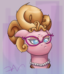 Size: 1600x1828 | Tagged: safe, artist:swasfews, phyllis cloverleaf, earth pony, pony, g5, my little pony: a new generation, bust, female, floppy ears, frown, glasses, jewelry, lidded eyes, mare, necklace, pearl necklace, phyllis cloverleaf is not amused, portrait, signature, solo, unamused