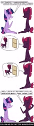 Size: 1000x3700 | Tagged: safe, artist:sneshpone, tempest shadow, twilight sparkle, alicorn, pony, unicorn, g4, blatant lies, broken horn, comic, dialogue, door, doorway, duo, duo female, female, flashback, horn, mare, onomatopoeia, open mouth, open smile, ouch, simple background, smiling, speech bubble, tall pony problems, thought bubble, twilight sparkle (alicorn), white background