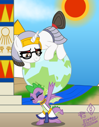 Size: 3715x4762 | Tagged: safe, artist:bsw421, raven, spike, dragon, unicorn, g4, atlas, carrying, commission, cute, desert, detailed background, egypt, egyptian, egyptian clothes, egyptian headdress, egyptian makeup, egyptian pony, egyptian temple, eyes closed, female, glasses, globe, kneeling, makeup, male, mare, nile, older, older spike, planet, pyramid, ravenbetes, river, secretary, ship:ravenspike, shipping, signature, spikabetes, straight, sun, tail, tail bun, temple, water, winged spike, wings, world
