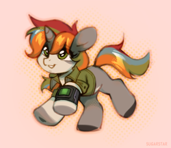 Size: 2047x1767 | Tagged: safe, artist:sugarstar, oc, oc only, pony, unicorn, fallout equestria, clothes, female, mare, pipbuck, running, smiling, solo