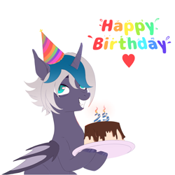 Size: 3072x3072 | Tagged: safe, artist:cryweas, oc, oc only, oc:elizabat stormfeather, alicorn, bat pony, bat pony alicorn, pony, alicorn oc, bat pony oc, bat wings, birthday, birthday cake, birthday gift, cake, chocolate, female, food, grin, hat, heart, horn, mare, party hat, plate, simple background, smiling, solo, white background, wings