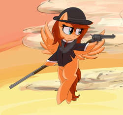 Size: 2150x2000 | Tagged: safe, artist:nonnyanon, oc, oc only, pegasus, pony, cloud, colt single action army, gun, handgun, hat, hoof hold, revolver, rifle, solo, spread wings, sunset, weapon, winchester 1873, wings