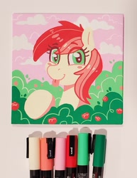 Size: 1460x1891 | Tagged: safe, artist:dandy, roseluck, earth pony, pony, g4, :p, acrylic painting, eye clipping through hair, eyebrows, eyebrows visible through hair, female, flower, looking at you, pink sky, rose, solo, tongue out, traditional art