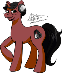 Size: 2268x2644 | Tagged: dead source, safe, artist:alex-heberling, pony, unicorn, facial hair, glasses, hat, headphones, high res, male, paw dugan, ponified, raised hoof, simple background, solo, stallion, tgwtg, transparent background
