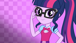 Size: 3840x2160 | Tagged: safe, artist:octosquish7260, sci-twi, twilight sparkle, human, equestria girls, g4, adjusting, adjusting glasses, arms, belt, blouse, bowtie, checkered background, clothes, collar, female, fingers, glasses, gradient background, hand, hand on hip, happy, long hair, ponytail, puffy sleeves, sci-twi outfits, smiling, solo, teenager, vest