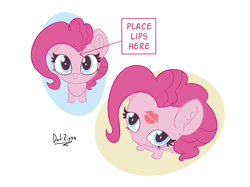 Size: 3644x2731 | Tagged: safe, artist:datzigga, pinkie pie, earth pony, pony, g4, chibi, forehead kiss, kiss mark, kissing, lipstick, meme, simple background, solo, white background