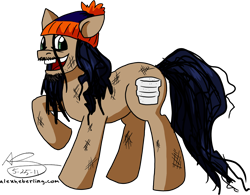 Size: 2776x2160 | Tagged: dead source, safe, artist:alex-heberling, earth pony, pony, chester a. bum, facial hair, hat, high res, male, messy mane, open mouth, ponified, raised hoof, simple background, solo, stallion, tgwtg, transparent background