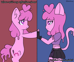 Size: 3000x2500 | Tagged: safe, artist:bubblegooey, oc, oc only, oc:bubblegooey, goo, goo pony, human, monster girl, original species, pony, slime girl, bipedal, blouse, cat ears, cat tail, catgirl, clothes, duo, duo female, ear fluff, female, fingerless gloves, gloves, heart, humanized, humanized oc, leg fluff, meme, pink coat, pink hair, pink skin, pink tail, purple eyes, self paradox, shorts, signature, skirt, standing, stockings, tail, thigh highs