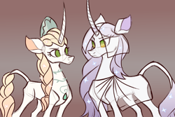 Size: 2400x1600 | Tagged: safe, artist:thescornfulreptilian, high priestess lovecraft (tfh), oc, oc:edelweiss, classical unicorn, pony, unicorn, them's fightin' herds, cloven hooves, community related, concave belly, curved horn, duo, horn, leonine tail, long horn, slender, tail, thin, unshorn fetlocks