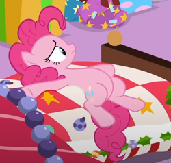 Size: 443x421 | Tagged: safe, screencap, pinkie pie, earth pony, pony, g4, my little pony best gift ever, bed, belly, cropped, lying down, solo