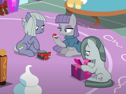 Size: 706x527 | Tagged: safe, screencap, boulder (g4), limestone pie, marble pie, maud pie, earth pony, pony, g4, my little pony best gift ever, christmas, cropped, hat, holiday, pie sisters, present, rock, santa hat, siblings, sisters, trio