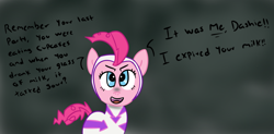 Size: 1000x490 | Tagged: safe, artist:wanda, fili-second, pinkie pie, earth pony, pony, g4, clothes, costume, dialogue, evil, female, power ponies, pure unfiltered evil, solo, text