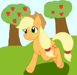 Size: 1164x1124 | Tagged: safe, artist:cmara, applejack, earth pony, pony, g4, apple, apple tree, female, food, solo, sweet apple acres, tree