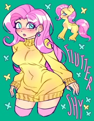 Size: 2282x2954 | Tagged: safe, artist:minky, fluttershy, butterfly, human, pegasus, pony, g4, blushing, breasts, busty fluttershy, clothes, colored hooves, duality, ear piercing, earring, eye clipping through hair, female, folded wings, high res, humanized, jewelry, looking at you, midriff, no pupils, open mouth, painted nails, piercing, simple background, socks, solo, sweater, sweatershy, teal background, text, thigh highs, unshorn fetlocks, wings