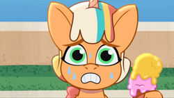 Size: 2160x1215 | Tagged: safe, screencap, peach fizz, pony, unicorn, g5, hot day huh?, my little pony: tell your tale, spoiler:g5, spoiler:my little pony: tell your tale, spoiler:tyts01e57, bow, cute, female, filly, foal, food, frown, hot, ice cream, looking at you, peachsweet, pippsqueaks, solo, sweat, tail, tail bow, teeth