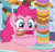 Size: 1070x1035 | Tagged: safe, screencap, pinkie pie, earth pony, pony, g4, the ending of the end, donut, eating, eyelashes, female, food, herbivore, indoors, low quality, open mouth, plate, solo, stack, stuffing, table, that pony sure does love eating, this will end in weight gain