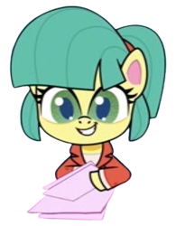 Size: 341x437 | Tagged: safe, edit, edited screencap, screencap, karen (g4.5), earth pony, pony, g4, g4.5, my little pony: pony life, background removed, grin, karen, news report, simple background, smiling, solo, transparent background