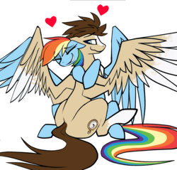 Size: 1895x1808 | Tagged: safe, artist:fenixdust, rainbow dash, oc, oc:skittle, pegasus, pony, g4, canon x oc, duo, female, hug, large wings, long tail, male, mare, shipping, simple background, skidash, stallion, straight, tail, white background, wings
