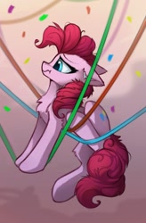 Size: 1441x2190 | Tagged: safe, artist:breakdream, pinkie pie, earth pony, pony, g4, :t, chest fluff, confetti, cute, diapinkes, ear fluff, female, floppy ears, frown, leg fluff, mare, scrunchy face, shoulder fluff, solo, streamers, stuck, tangled up