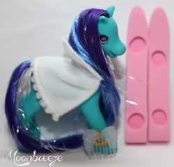 Size: 833x800 | Tagged: safe, photographer:moonbreeze, snowball (g2), earth pony, pony, g2, cape, clothes, comb, female, irl, mare, photo, skis, solo, toy