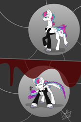 Size: 5080x7662 | Tagged: safe, artist:lightning bolty, zipp storm, pegasus, pony, g5, 2 panel comic, absurd resolution, alternate hairstyle, blood, bowtie, cheek fluff, clothed ponies, clothes, colored, colored wings, comic, commission, commissioner:princess, concave belly, crouching, date (time), female, flat colors, folded wings, formal wear, frown, gun, gun barrel, handgun, james bond, leg fluff, lidded eyes, looking at you, mare, multicolored wings, no source available, one eye closed, pistol, reference to another series, scene interpretation, signature, slender, solo, spread wings, standing on two hooves, sternocleidomastoid, suit, thin, unshorn fetlocks, walking, wing hands, wing hold, wings