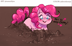 Size: 1364x881 | Tagged: safe, artist:doronkomajo, artist:jiyako, pinkie pie, earth pony, g4, blue eyes, bubble, dialogue, dirty, heart, mud, muddy, open mouth, open smile, smiling, squishy, wet and messy