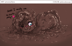 Size: 1366x881 | Tagged: safe, artist:doronkomajo, artist:jiyako, pinkie pie, earth pony, pony, g4, blue eyes, blushing, bubble, butt, covered in mud, dialogue, dirty, heart, looking at you, mud, muddy, one eye closed, plot, smiling, squishy, wet and messy