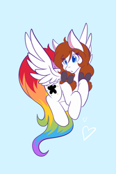 Size: 1365x2048 | Tagged: safe, artist:mscolorsplash, oc, oc only, oc:color splash, pegasus, pony, bow, female, flying, hair bow, light blue background, mare, pigtails, rainbow tail, simple background, solo, spread wings, tail, twintails, wings
