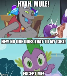Size: 500x562 | Tagged: safe, edit, edited screencap, screencap, rarity, spike, dragon, pony, unicorn, a dog and pony show, g4, lesson zero, angry, butt smack, caption, female, image macro, imgflip, male, mare, spanking, text