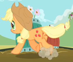 Size: 946x797 | Tagged: safe, screencap, applejack, earth pony, pony, g4, alternative cutie mark placement, animation error, applebutt, butt, cropped, error, inner thigh cutie mark, mistake, plot, smiling, they just didn't care