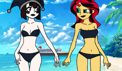 Size: 999x578 | Tagged: safe, alternate version, sunset shimmer, human, humanoid, equestria girls, g4, animate object, bikini, clothes, crossover, crossover shipping, doll, duo, duo female, female, goth, hat, interspecies, jester, jester hat, lesbian, living doll, ocean liner, pomni, queen mary 2, ship:sunpom, shipping, swimsuit, the amazing digital circus, toy