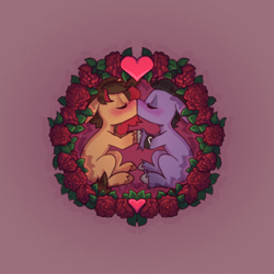 Size: 2000x2000 | Tagged: safe, artist:lionbun, oc, oc:dreamheart, oc:screaming heart, blushing, chibi, commission, cute, female, flower, hearts and hooves day, holiday, jewelry, kissing, male, mare, married couple, ring, rose, stallion, valentine's day, wedding ring, wreath, ych result