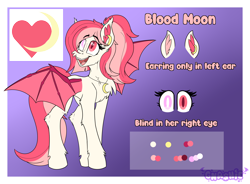 Size: 3380x2492 | Tagged: safe, artist:gnashie, oc, oc only, oc:blood moon, bat pony, bat pony oc, blind eye, cutie mark, ear piercing, earring, gradient background, jewelry, necklace, open mouth, piercing, reference sheet, solo, spread wings, text, wings