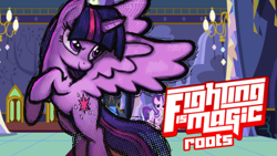 Size: 1280x720 | Tagged: safe, artist:fimroots, starlight glimmer, twilight sparkle, alicorn, fighting is magic, g4, logo, npc, splash art, twilight sparkle (alicorn), twilight's castle