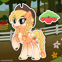 Size: 2000x2000 | Tagged: safe, artist:lovinglypromise, applejack, earth pony, pony, g4, alternate design, apple, apple tree, braid, braided tail, cloven hooves, fence, smiling, solo, sweet apple acres, tail, tree