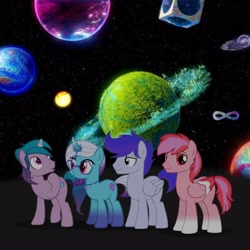 Size: 3600x3600 | Tagged: safe, artist:ramixe dash, comet (g5), izzy moonbow, windy, oc, oc:sapphire stars (g5), auroricorn, pegasus, pony, unicorn, g4, g5, female, g5 to g4, generation leap, glasses, high res, male, mare, planet, rule 63, space, stallion, startails