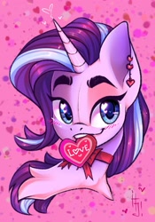 Size: 1431x2048 | Tagged: safe, artist:falafeljake, starlight glimmer, pony, unicorn, g4, blushing, bowtie, bust, chest fluff, ear piercing, female, heart, heart eyes, looking at you, mare, mouth hold, piercing, solo, wingding eyes
