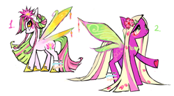 Size: 1280x707 | Tagged: safe, artist:eyerealm, artist:junglicious64, oc, oc only, unnamed oc, bug pony, insect, pony, adoptable, closed mouth, colored wings, duo, ear piercing, earring, fairy wings, female, flower, flower in hair, hairclip, hoof shoes, jewelry, long mane, long tail, mare, multicolored eyes, multicolored wings, necklace, orange eyes, piercing, pink eyes, raised hoof, simple background, smiling, spread wings, standing, tail, underhoof, white background, wing jewelry, wings, yellow eyes