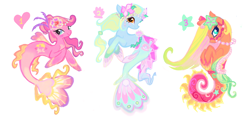 Size: 1280x616 | Tagged: safe, artist:eyerealm, artist:junglicious64, oc, oc only, unnamed oc, merpony, adoptable, blue eyes, bridle, closed mouth, cyan eyes, eyeshadow, female, fins, flippers, flower, flower in hair, gradient body, gradient tail, makeup, mare, orange eyes, pearl, reins, saddle, simple background, smiling, tack, tail, tail fin, trio, trio female, white background