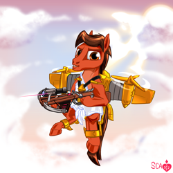 Size: 2000x2000 | Tagged: safe, artist:scarletdex8299, oc, oc:redgear alloy, earth pony, pony, bolt, cel shading, cloud, color outline, crossbow, cupid, earth pony oc, flying, golden, greek mythology, heart, hearts and hooves day, holiday, jetpack, laser pointer, love, male, propeller, saddlecopter, scope, shading, sky, sun, tactical, technology, tunic, valentine's day, weapon